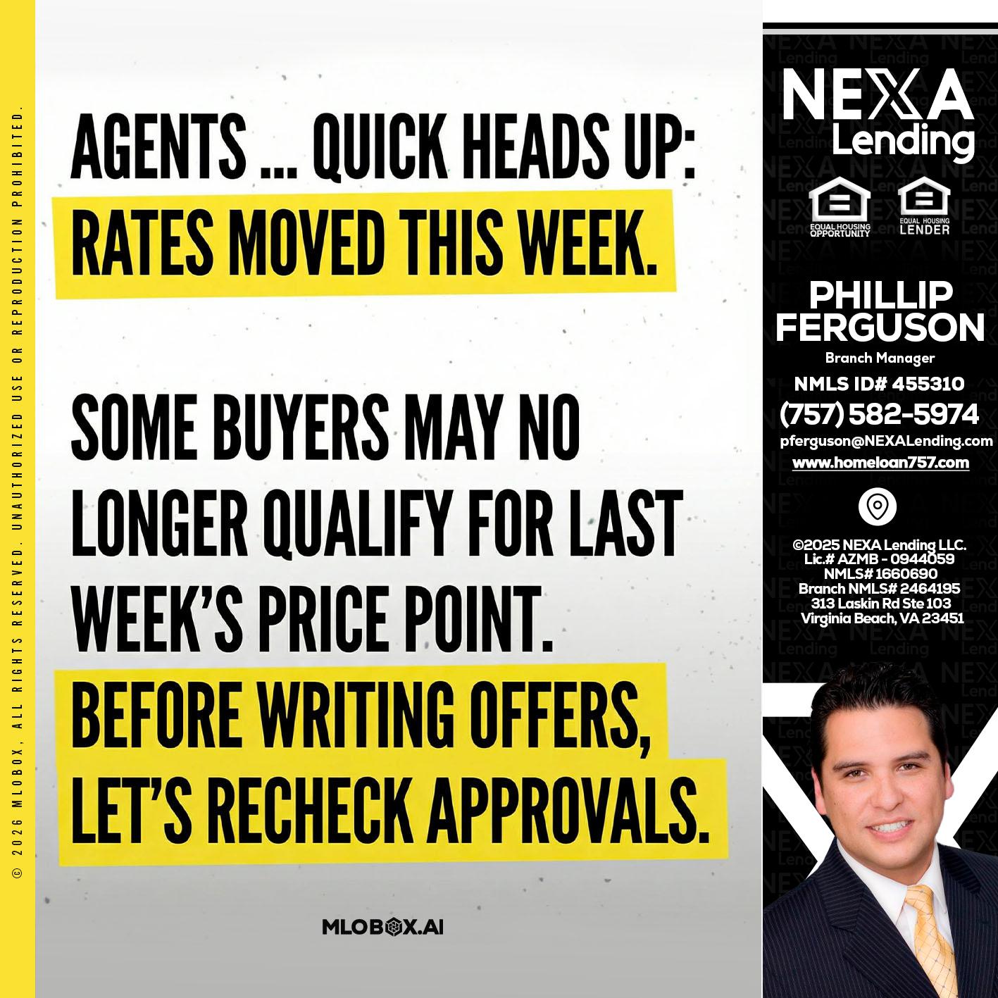 agents quick heads up - Phillip Ferguson -Branch Manager
