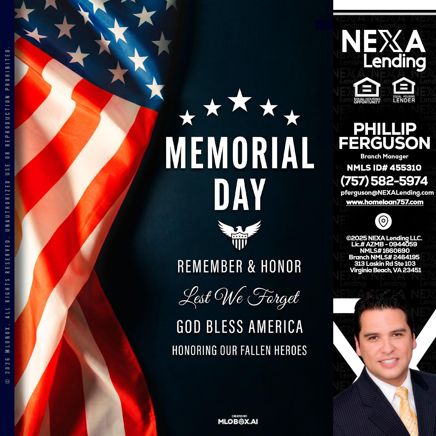 MEMORIAL DAY - Phillip Ferguson -Branch Manager